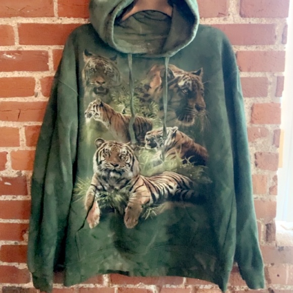 🐅 The Mountain VINTAGE Hoodie TIGERS Green Tie Dye Unisex Sweatshirt Medium - Picture 9 of 16